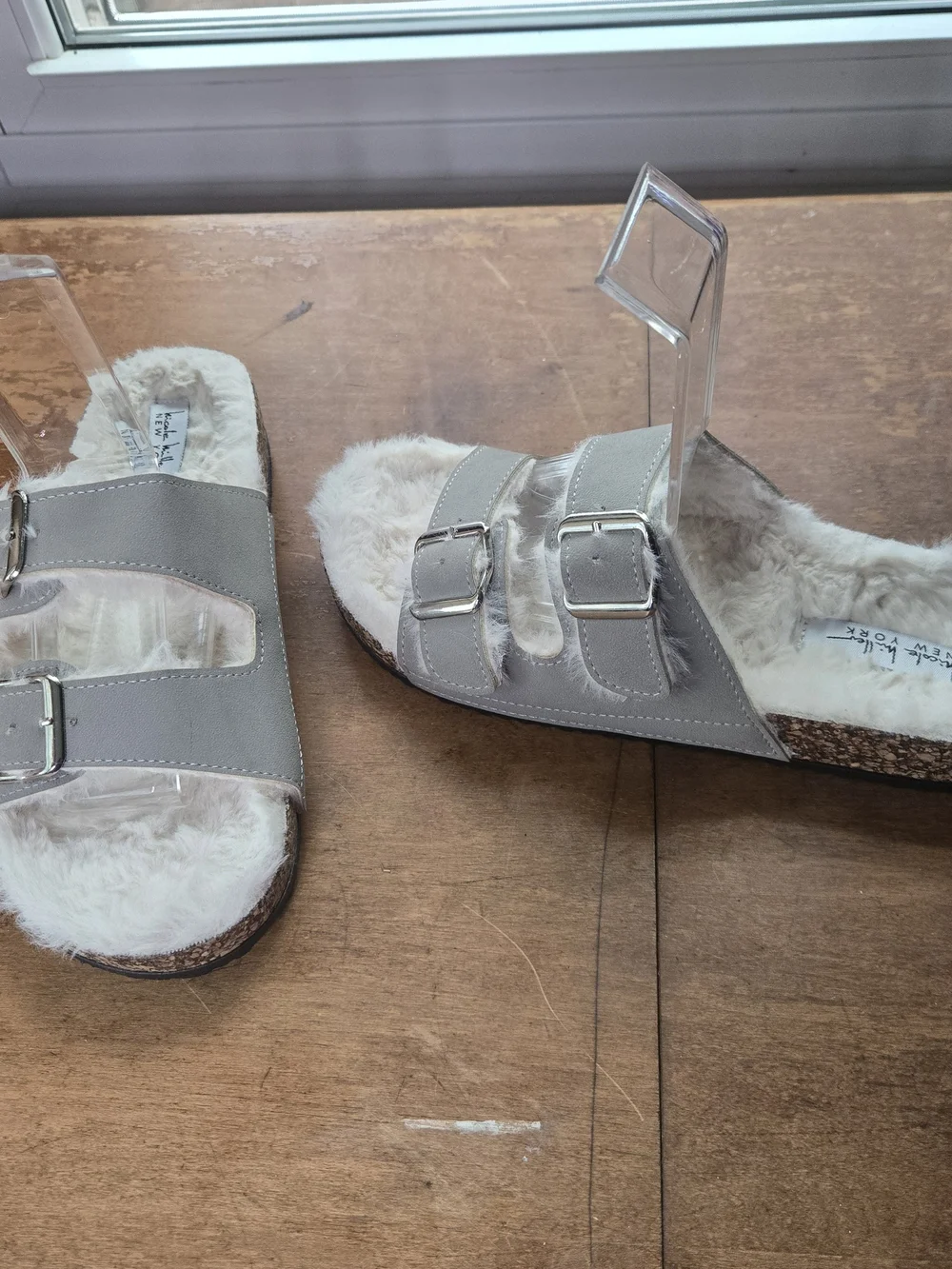 Nicole Miller Womens Gray Two Strap Faux Shearling Cork Slides Sz 8